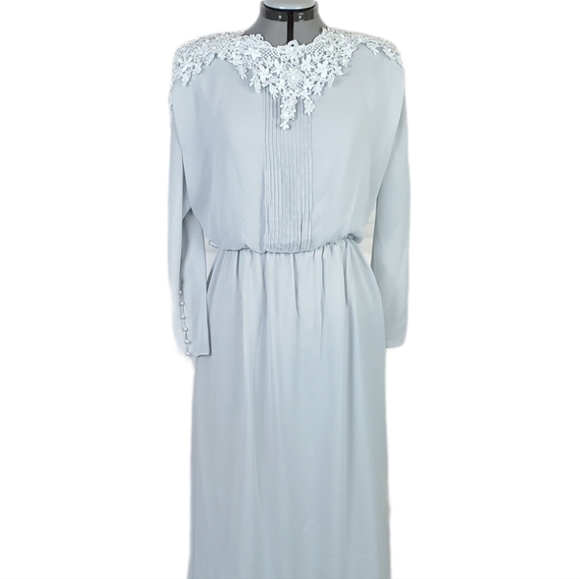 Ursula of Switzerland | 8P | blue chiffon long sleeve blouson gown | Vtg - Picture 1 of 14